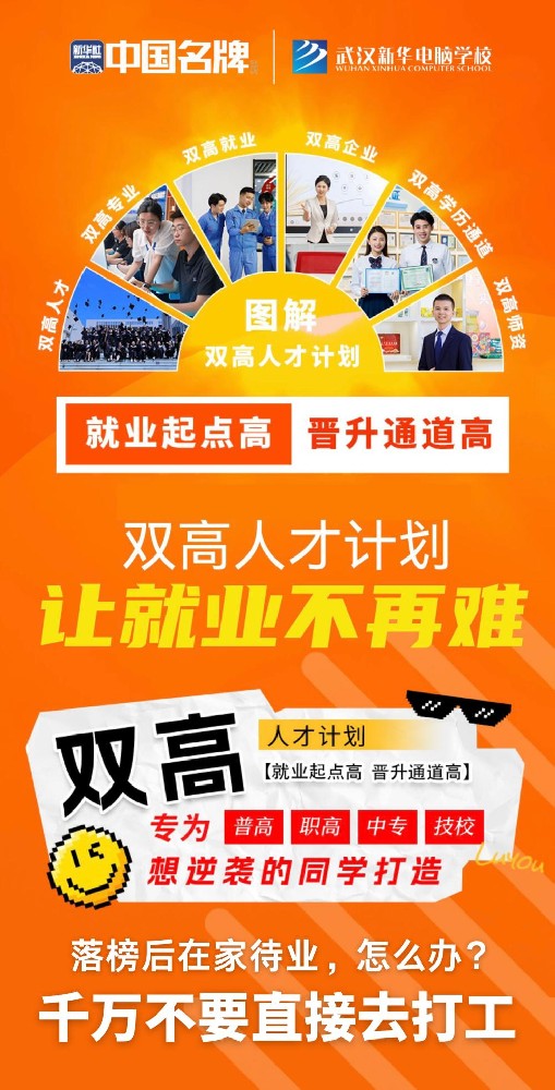 双高人才计划让就业不再难武汉新华电脑学校在职业教育与普通教育同等重要的时代背景下，不同成长轨迹的青年群体正面临各自的发展困境：普高生被高考压力裹挟，成绩中等者陷 “冲本无望、落榜迷茫”，职业方向模糊且缺实用技能；中专生有基础技能但学 历成就业 “天花板”，技能不精、专业与市场脱节，提升路径不清；职高生部